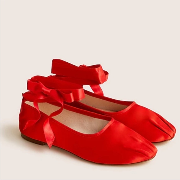 J. CREW Ruby Red Satin Lace Up Ballet Slippers Flats Pointe Shoe Style Flats - Picture 3 of 17